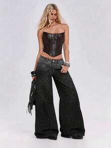 Trang phục dự tiệc âm nhạc Y2K Baddie Party: Quần jeans ống rộng dáng suông phối đá ombre dành cho nữ. - màu đen - Xem 3