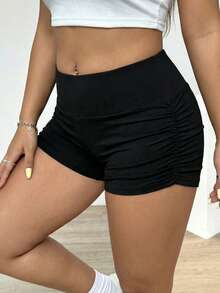 SHEIN EZwear 大码女式高腰褶皱纯色短裤 - 黑色 - 查看 5
