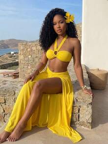 BamGleam 镂空圆环露背系带短款上衣搭配扭结腰部开衩长裙，垂坠感十足的亮色针织面料，性感博主风海滩度假约会之夜两件套女装 - 黃色 - 查看 4