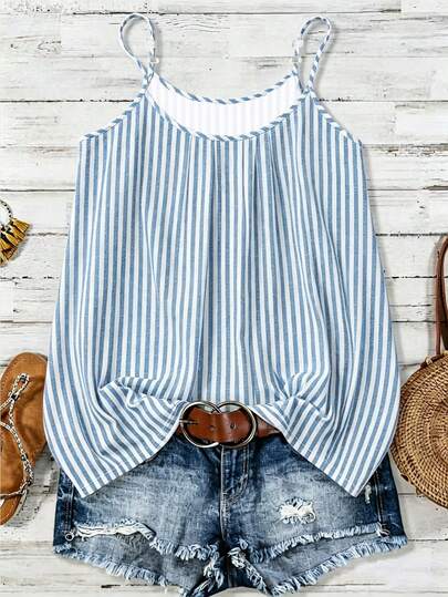 EMERY ROSE Women's Plus Size Blue Striped Printed Vest-Style T-Shirt, Summer Casual Vest-Style T-Shirt.
