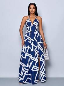 Vestido largo de mujer casual de vacaciones con cuello en V profundo, espalda descubierta, fruncido y abertura en el muslo con estampado botánico - Azul Marino - Ver 3