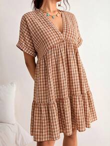 Freevana Plus Size Plaid Batwing Sleeve Ruffle Hem Loose Dress, Beach Dress, Bohemian Style For Vacation - Brown - View 6