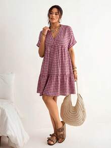 Freevana Plus Size Plaid Batwing Sleeve Ruffle Hem Loose Dress, Beach Dress, Bohemian Style For Vacation - Red Violet - View 7