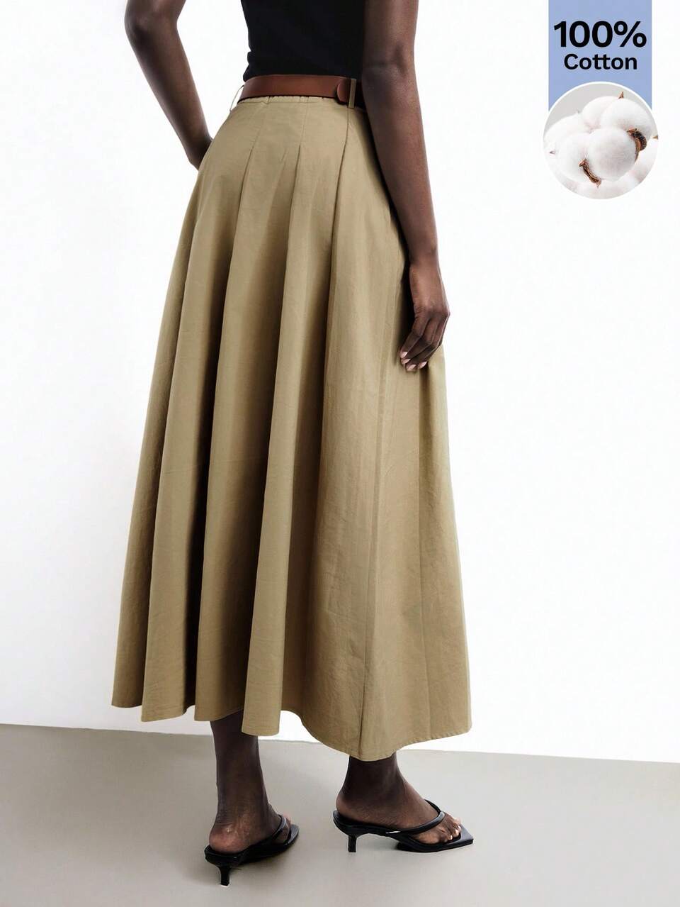 SHEIN Maija Autumn New Khaki Green Pleated Flared Skirt With Side Pockets, Detachable PU Leather Metal Belt, Women's Skirt, Modern Casual Elegant Style Vacation