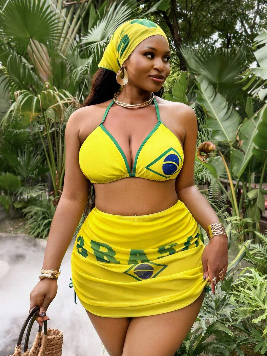 Slaydiva 大码女装四件套:随机印花挂脖粗肩带三角比基尼、配套印花抽绳半身裙和帽子 - 彩色 - 查看 1