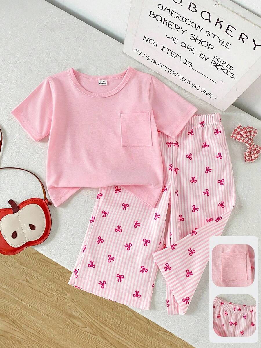 SHEIN Playful Pals 2件套女婴圆领口袋短袖上衣和竖条纹蝴蝶结裤子套装，休闲装，适合户外玩耍或舒适夏季百搭套装