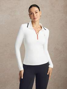 Activina Women's Letter Print Zip-Up Half-Placket Long Sleeve Golf Polo Shirt - White - View 4