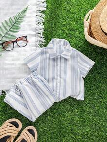 SHEIN 2pcs Young Boys' Casual Comfortable Versatile Vertical Striped Short Sleeve Shirt And Straight Leg Pants Set - Dusty Blue - View 5