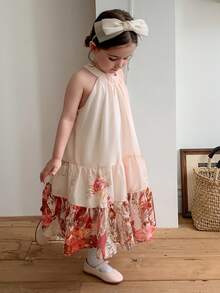 DAZY Vestito senza maniche con stampa floreale stile coreano a collo tondo per ragazze (taglia piccola), adatto per primavera/estate e vacanze - Albicocca - Visualizzare 4