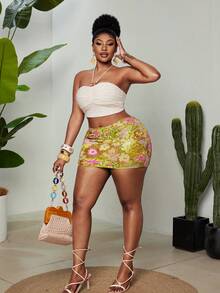Maweii Plus Size Floral Sequin Bodycon Mini Skirt - Multicolor - View 4