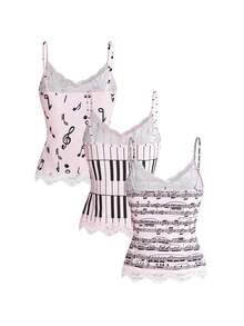 Y2K Retro Music Note & Piano Keyboard Print Tight Lace Trim Camisole 3 Pieces Set - Pink - View 2