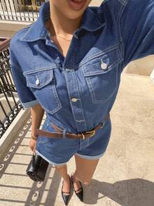 Siren Gaze Bộ jumpsuit denim nữ đa năng có túi và cúc cài, phong cách đường phố. - Màu xanh lam - Xem 5