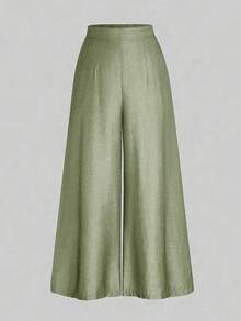 EMERY ROSE Plus Size Women Solid Color Casual Versatile Wide Leg Pants For Daily Wear Fall - Limelight Green - View 1