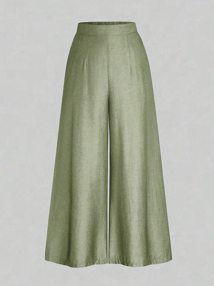 EMERY ROSE Plus Size Women Solid Color Casual Versatile Wide Leg Pants For Daily Wear Fall - Limelight Green - View 1
