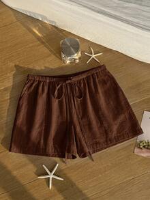 Comfortcana Plus Size Casual Loose Coffee Brown Drawstring Shorts, Spring/Summer Comfortable Cotton Drawstring Shorts - Coffee Brown - View 9
