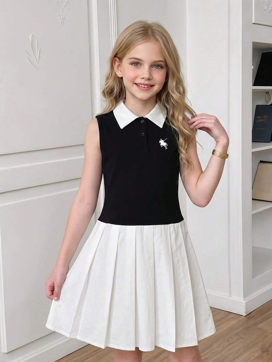 SHEIN Tween GirlsCasual Fashion Collared Sleeveless Contrast Color Pleated Dress, Suitable For Party And Travel, Spring/Summer - Black and White - View 1
