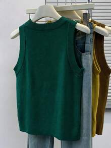 Women's Casual Everyday Commute Minimalist Solid Color Knit Vest - Dark Green - View 2