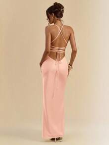 SHEIN BAE Đầm dạ hội satin dài màu mơ và trắng, cổ chữ V sâu, dây mảnh, hở lưng, kiểu đuôi cá, thích hợp cho đi nghỉ mát, phù dâu, sinh nhật, tốt nghiệp hoặc các dịp khác. - Màu Cam san hô - Xem 2