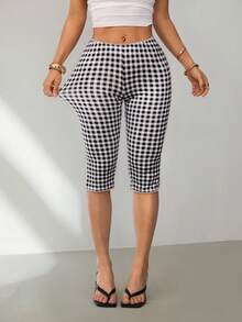 SHEIN PETITE Quần legging nữ kẻ caro dệt kim, bản rộng 5 inch, có chun co giãn. - màu đen - Xem 3