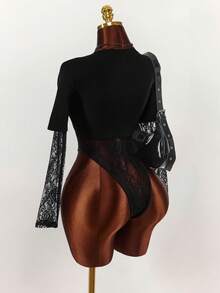 Amplova Women's Lace Patchwork Round Neck Letter Print Casual Bodysuit, Versatile For Daily Wear - Black - View 6