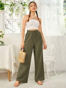 SHEIN Essnce 女士纯色腰带口袋阔腿裤 - 軍綠色 - 查看 5