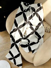 Resyla Women's Black & White Geometric Drawstring High Waist Loose Flowy Maxi Casual Pants, Suitable For Summer Vacation And Travel - Multicolor - View 4