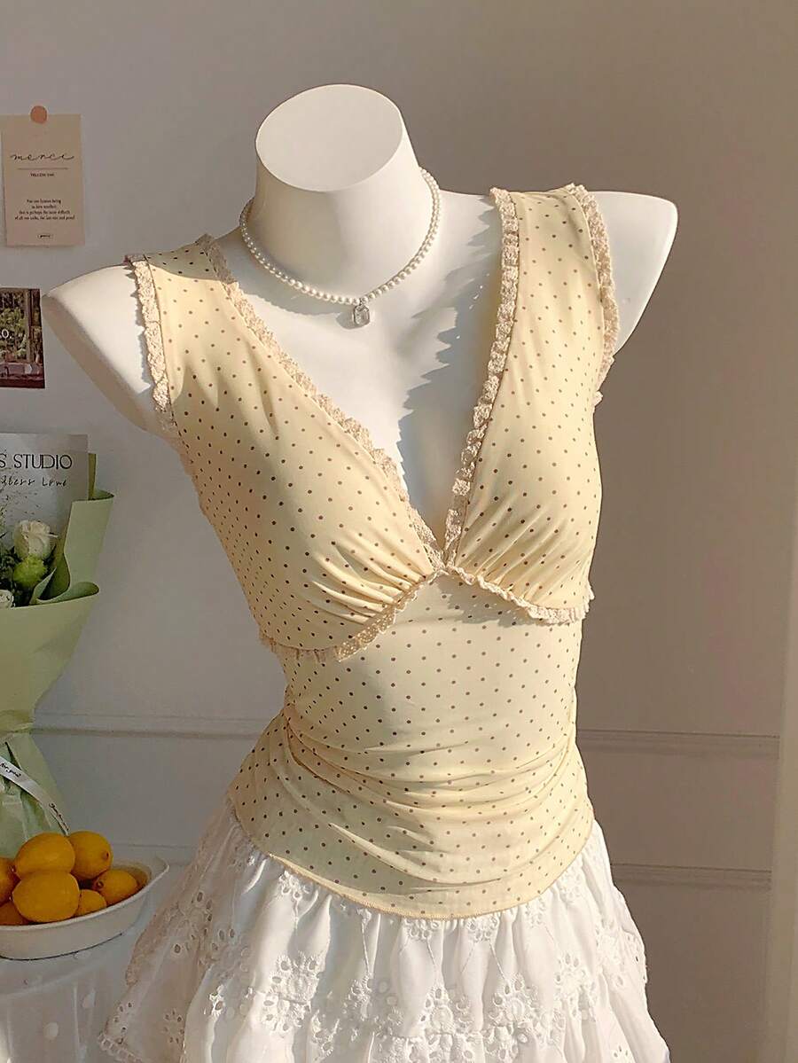 Comfortcana Women's Polka Dot & Lace Patchwork Sleeveless Top, Summer - Yellow - View 1
