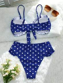 Swim Mod 女士波点花卉印花荷叶边抹胸上衣和高腰泳裤，夏季海滩度假 - 藍白色 - 查看 2