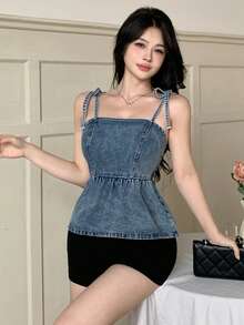 DAZY Women's Knotted Shoulder Strap Fashionable Denim Camisole - Blue - View 10