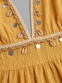 SHEIN Sweetro Vestido bohemio de tirantes finos amarillo, vestido largo fluido con cuello en V y volantes en capas, vestido de playa y vacaciones de verano - Amarillo - Ver 4