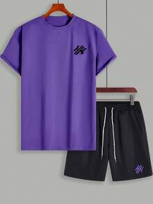 Manfinity Homme Men's Graphic Print Purple Short Sleeve T-Shirt And Black Slant Pocket Shorts Set - Multicolor - View 3