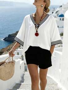 Wandoria Women's Loose V-Neck Striped Placement Print Casual Commuting Elegant Vacation Shirt - Black and White - View 3