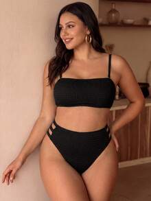Swim Chiccia Bộ đồ bơi 2 mảnh cỡ lớn dành cho nữ, bikini mùa hè gợi cảm màu trơn với chất liệu vải có họa tiết, áo quây kiểu tối giản với dây đeo có thể tháo rời, kết hợp với quần bơi tam giác buộc dây hai bên, thích hợp cho kỳ nghỉ biển và các dịp lễ. - màu đen - Xem 1
