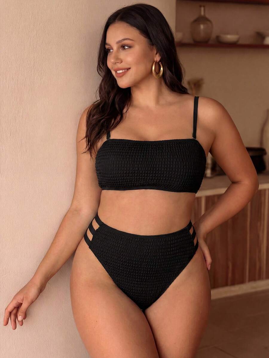 Swim Chiccia Bộ đồ bơi 2 mảnh cỡ lớn dành cho nữ, bikini mùa hè gợi cảm màu trơn với chất liệu vải có họa tiết, áo quây kiểu tối giản với dây đeo có thể tháo rời, kết hợp với quần bơi tam giác buộc dây hai bên, thích hợp cho kỳ nghỉ biển và các dịp lễ. - màu đen - Xem 1