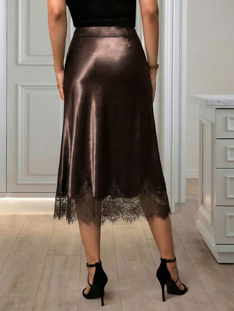 Women's Solid Color Lace Hem Elegant A-Line Skirt