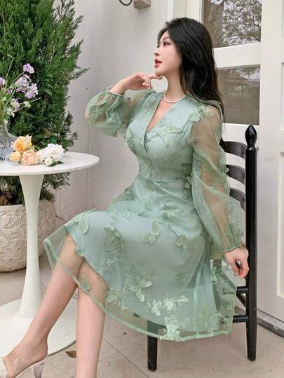 Modelyn Đầm ngắn tay dài cổ chữ V kiểu Pháp, chất liệu lưới họa tiết hoa bướm 3D, thắt eo, thanh lịch và tươi mới, dành cho nữ.
