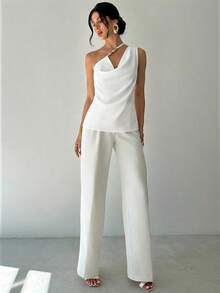 Firerie Solid Color Elegant Asymmetric Neckline Design Sleeveless Top White One Sided Top For Women,Summer Top - White - View 9