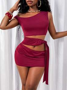 Glyssa 女士性感度假音乐节连衣裙，酒红色针织露肩连衣裙，腰部镂空抽绳迷你裙 - 酒紅色 - 查看 4