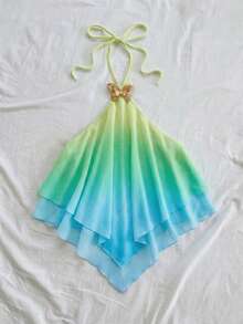 Soleia 女士浪漫度假蝴蝶金属装饰渐变吊带背心，粉色和黄色，适合海滩、海边、性感、约会 - 綠色 - 查看 9