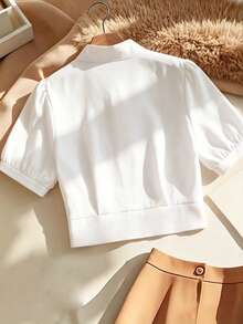 Franclia Blusa ajustada de manga corta con cuello de lazo sólido en color albaricoque, top albaricoque, estilo francés chic, casual, para verano - Blanco - View 2