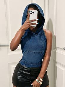 SHEIN Slayr 女士时尚露背牛仔连帽衫外套，夏季必备 - 深色水洗藍 - 查看 7