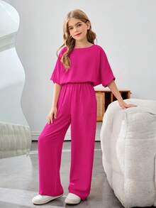 SHEIN Set 2 Potong Nova Glow untuk Liburan Anak Perempuan Remaja, Warna Polos, Leher Bulat, Lengan Pendek - Hot Pink - View 4