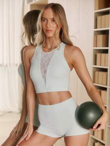 Aralina Leisurewear Active Women's 2pcs Lace Mesh Incert Top And Short Gym Workout Two Pieces Set - Baby Blue - View 6