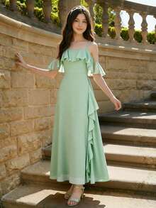 SHEIN 少女优雅纯色荷叶边露肩派对连衣裙，夏季 - 綠色 - 查看 8