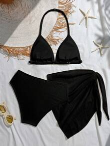 SHEIN 3pcs Teen GirlSwimsuit Set, Black Series, Beach Holiday Party, Spring/Summer - Black - View 2