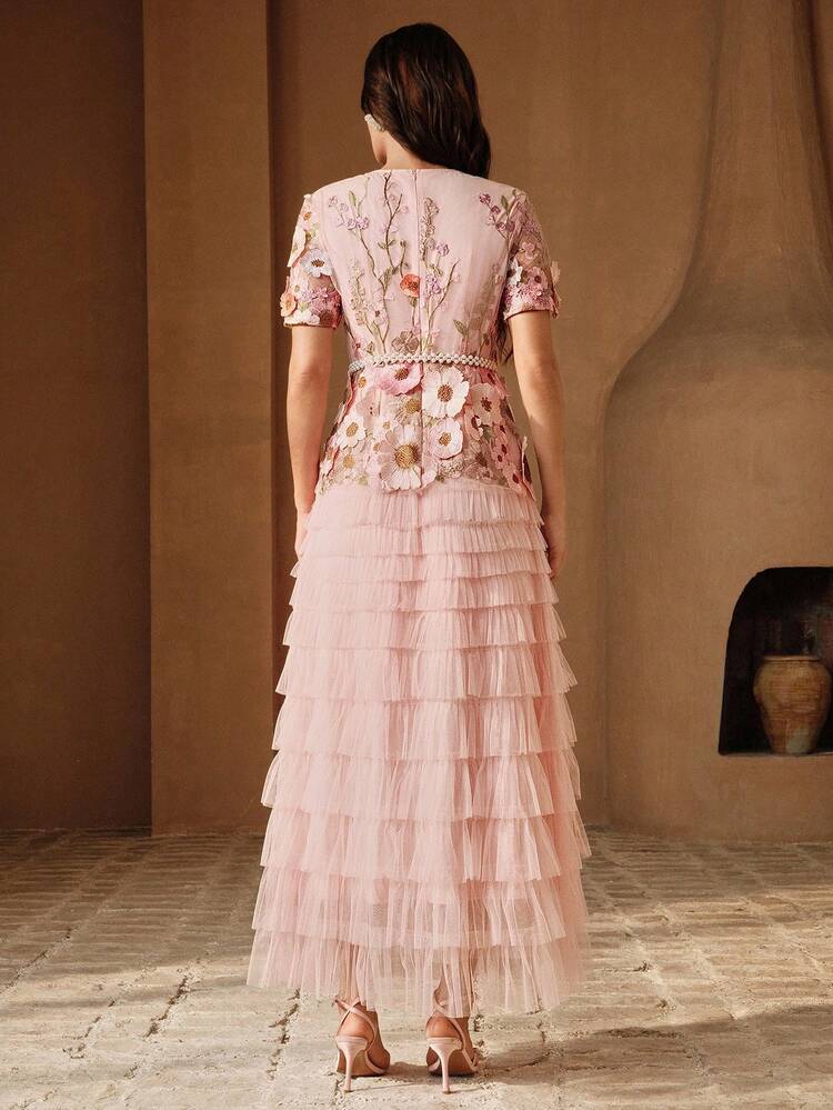 Spring/Summer New Elegant Embroidered Round Neck Short Sleeve Waist Cinched A-Line Mesh Puff Dress, Suitable For Valentine's Day, Party, Vacation