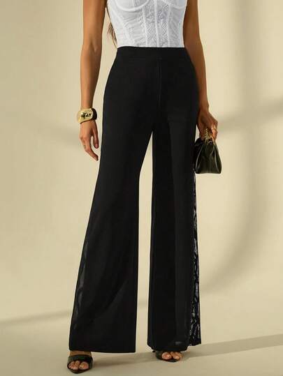 SHEIN Tall Women's Geometric Lace Splice Wide Knitted Stretch Black Leg Pants
