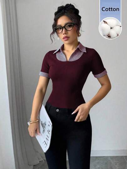 Rafferiza Women's Sports Style Ribbed Patchwork Plaid Ruffle Peter Pan Collar T-Shirt