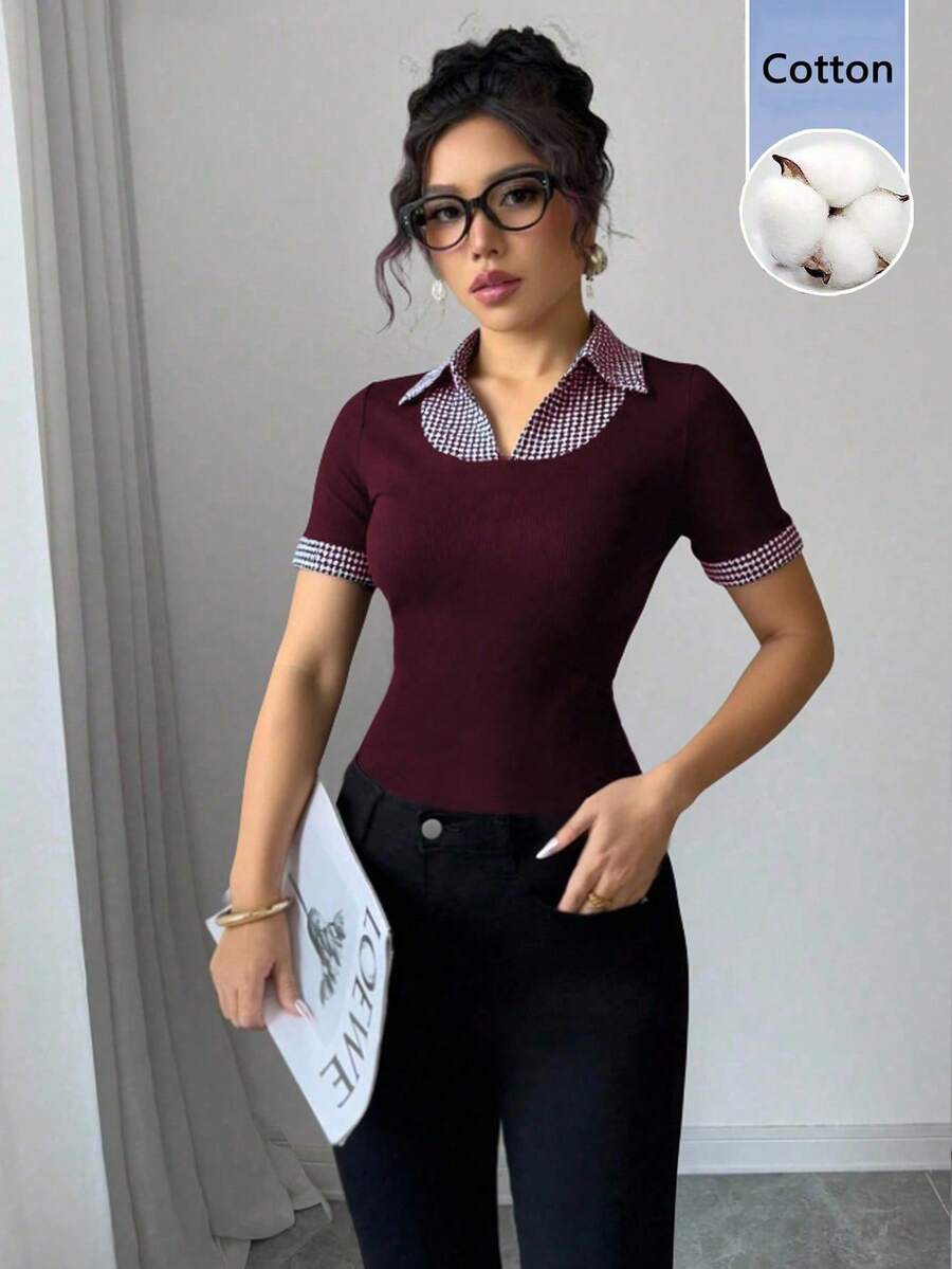 Rafferiza Women's Sports Style Ribbed Patchwork Plaid Ruffle Peter Pan Collar T-Shirt - Burgundy - View 1