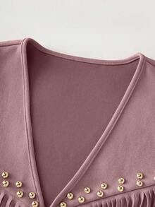 EMERY ROSE Women's Suede Fringe Rivet Decor Boho Casual Jacket, Versatile For Daily, Vacation, Business, Beige, Sleeveless, Early Spring/Spring & Summer - Dusty Pink - View 6